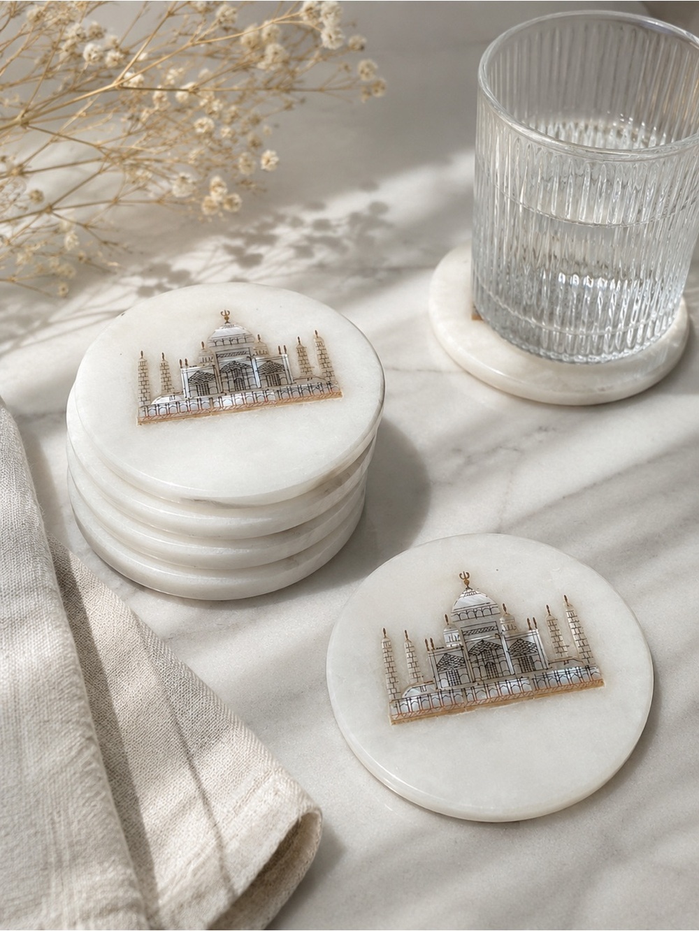 Vintage Marble Taj Mahal Coaster Set 6 White Stone Inlay Drink Coasters